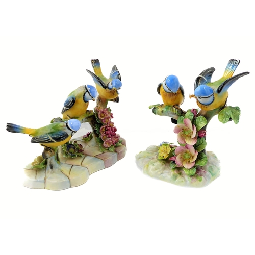 22 - Two Adderley floral bone china ornaments, 'Treble Blue Tit' and 'Blue Tit'; printed and gold painted... 