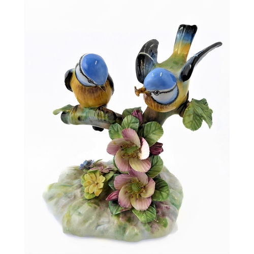 22 - Two Adderley floral bone china ornaments, 'Treble Blue Tit' and 'Blue Tit'; printed and gold painted... 