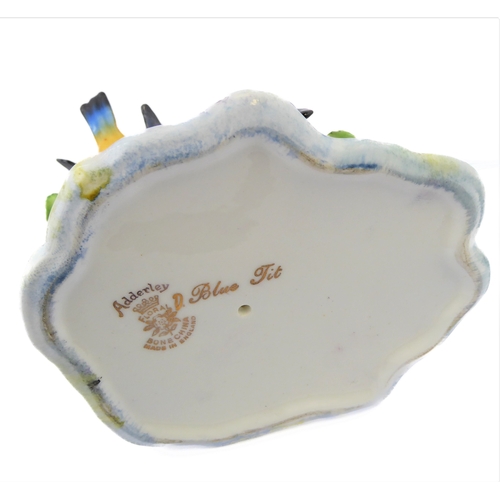22 - Two Adderley floral bone china ornaments, 'Treble Blue Tit' and 'Blue Tit'; printed and gold painted... 