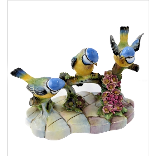 22 - Two Adderley floral bone china ornaments, 'Treble Blue Tit' and 'Blue Tit'; printed and gold painted... 