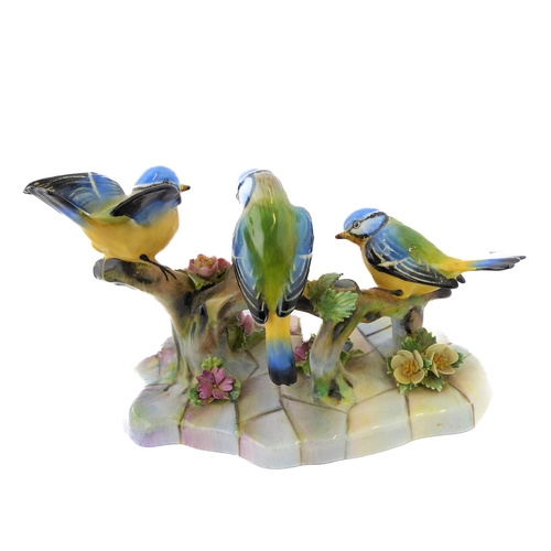 22 - Two Adderley floral bone china ornaments, 'Treble Blue Tit' and 'Blue Tit'; printed and gold painted... 