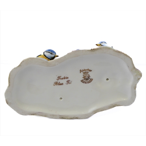 22 - Two Adderley floral bone china ornaments, 'Treble Blue Tit' and 'Blue Tit'; printed and gold painted... 