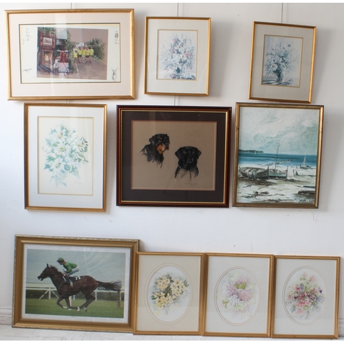 268 - Ten pictures and prints to include:
 D. SCAMMELL a set of three floral still lives in watercolour (f... 