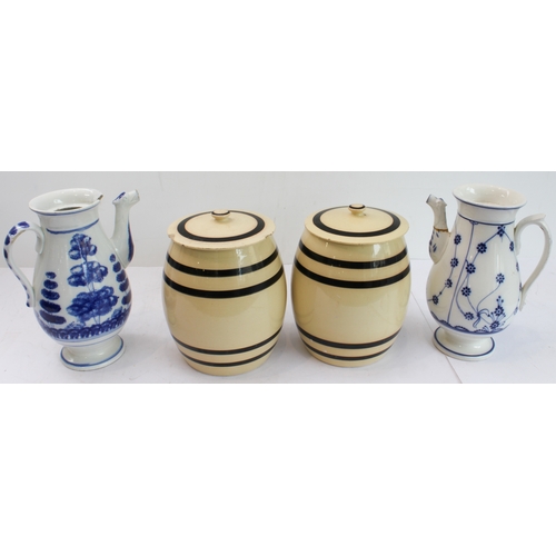27 - Four pieces:
 1. a pair of late 19th to early 20th century Boch (La Louvière) pottery storage jars a... 