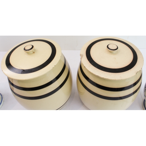 27 - Four pieces:
 1. a pair of late 19th to early 20th century Boch (La Louvière) pottery storage jars a... 