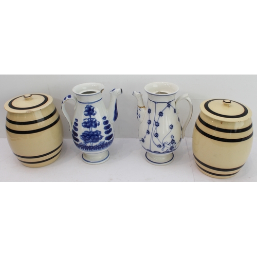 27 - Four pieces:
 1. a pair of late 19th to early 20th century Boch (La Louvière) pottery storage jars a... 