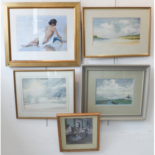 272 - Three watercolours and two prints:
 JULIA LOKEN - countryside snow scene, watercolour signed and dat... 