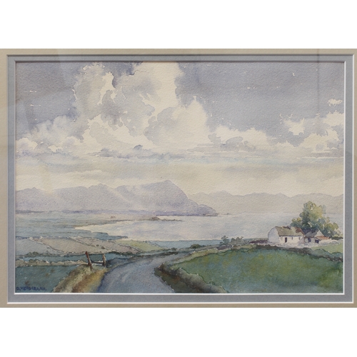 272 - Three watercolours and two prints:
 JULIA LOKEN - countryside snow scene, watercolour signed and dat... 