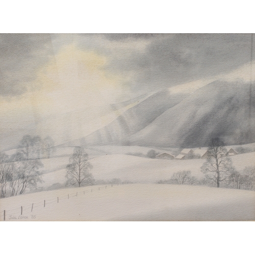 272 - Three watercolours and two prints:
 JULIA LOKEN - countryside snow scene, watercolour signed and dat... 