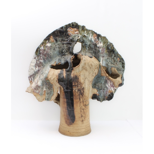 30 - An interesting contemporary free-form sculpture of a stylised tree, part-glazed earthenware, unsigne... 