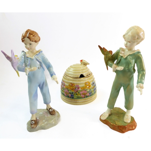 5 - Two Royal Doulton figures modelled by F.G. Doughty and a Clarice Cliff honey pot:
 1. 'The Parakeet'... 