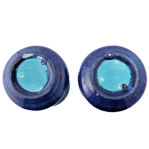 6 - A pair of Art Deco period Pilkingtons 'Lancastrian' blue-glaze ceramic vases: squat spherical form a... 
