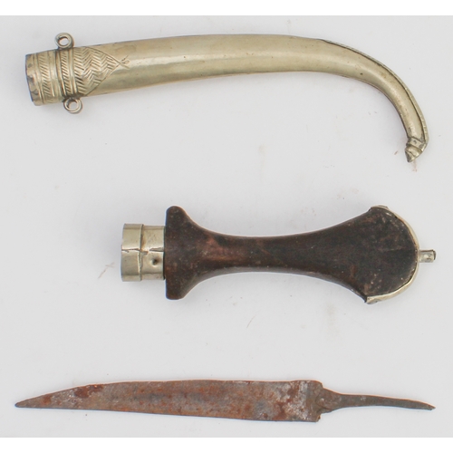 133 - Three bladed weapons:
 1. a machete-style knife (with later horn handle) and wooden scabbard (71 cm)... 