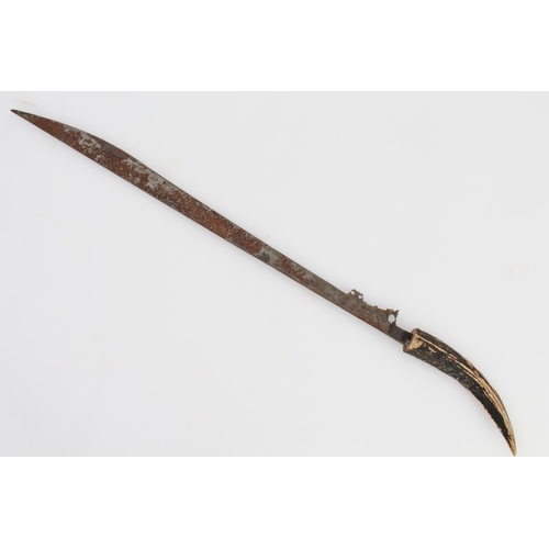 133 - Three bladed weapons:
 1. a machete-style knife (with later horn handle) and wooden scabbard (71 cm)... 