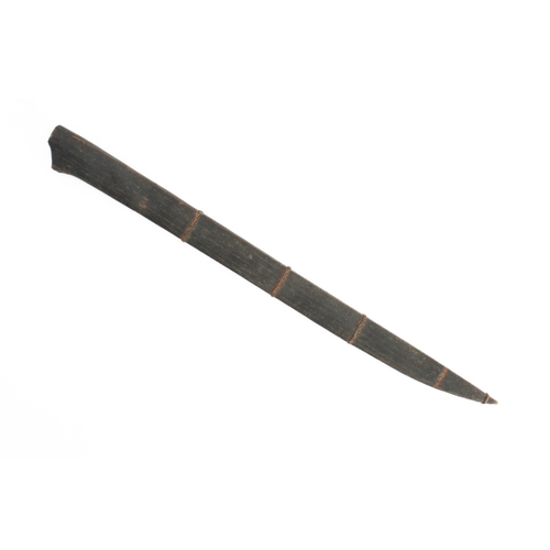 133 - Three bladed weapons:
 1. a machete-style knife (with later horn handle) and wooden scabbard (71 cm)... 
