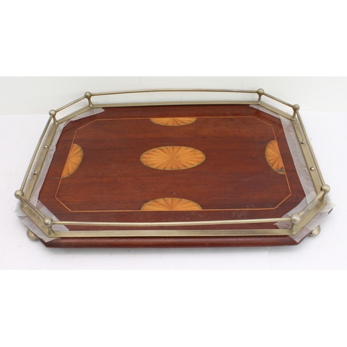 153 - An Edwardian octagonal mahogany serving tray: boxwood-strung and boxwood marquetry patera; silver-pl... 