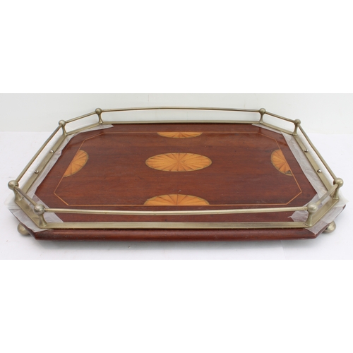 153 - An Edwardian octagonal mahogany serving tray: boxwood-strung and boxwood marquetry patera; silver-pl... 