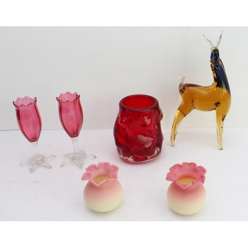 44 - Six pieces:
 a handmade claret-coloured textured vase, possibly Whitefriars (12cm high);
 a pair of ... 