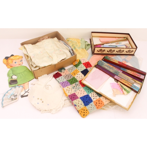 152 - A variety of collectibles to include a hand-decorated Oriental and other fans, baby's bibs, other la... 