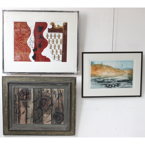 265 - Three pieces:
 1. a surrealist-style coloured lithographic print with gilt highlights, central vase-... 