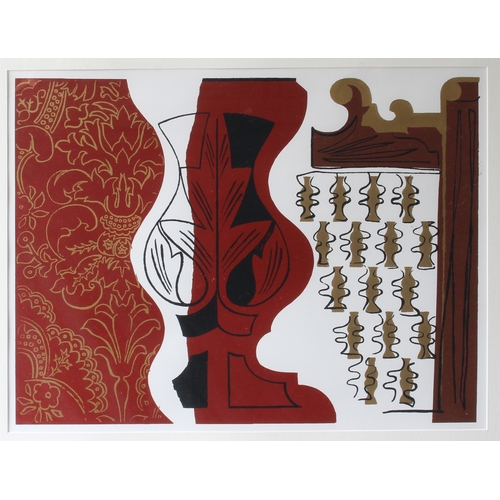 265 - Three pieces:
 1. a surrealist-style coloured lithographic print with gilt highlights, central vase-... 