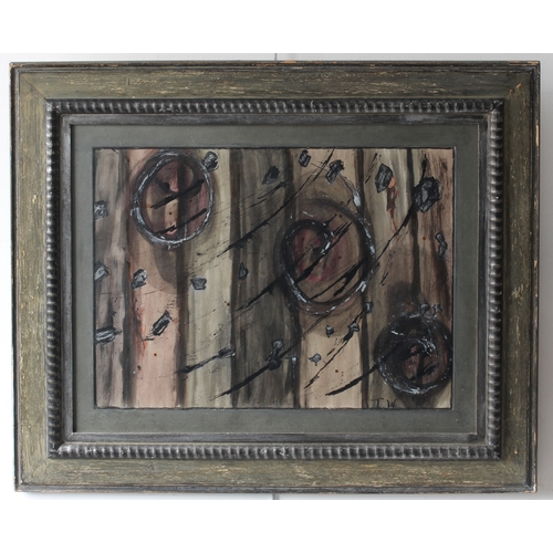 265 - Three pieces:
 1. a surrealist-style coloured lithographic print with gilt highlights, central vase-... 