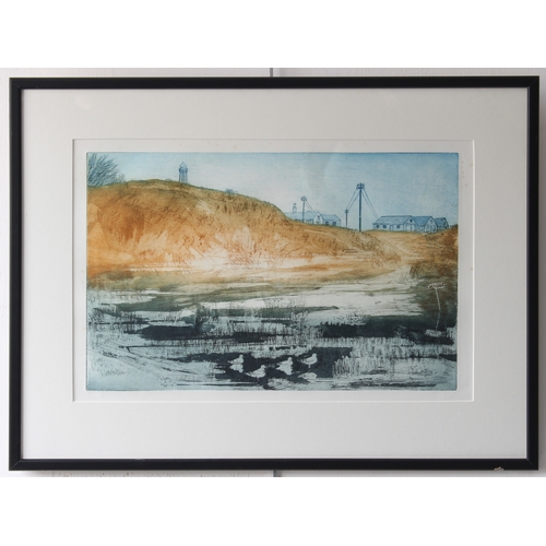 265 - Three pieces:
 1. a surrealist-style coloured lithographic print with gilt highlights, central vase-... 