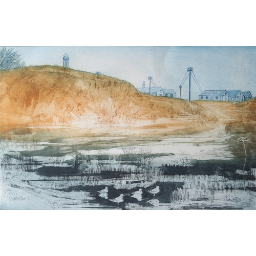 265 - Three pieces:
 1. a surrealist-style coloured lithographic print with gilt highlights, central vase-... 