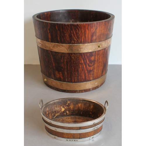 158 - An early 20th century coopered oak planter and a similar period silver-plate-mounted coopered two-ha... 