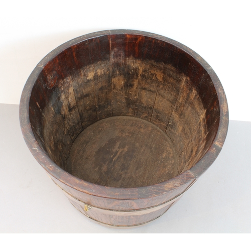 158 - An early 20th century coopered oak planter and a similar period silver-plate-mounted coopered two-ha... 