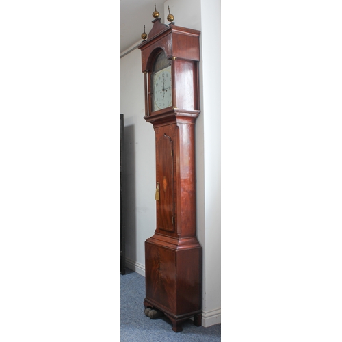 128 - An early 19th century figured mahogany eight-day longcase clock. The 13-inch broken-arch white-paint... 