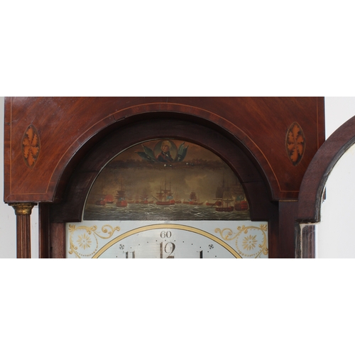 128 - An early 19th century figured mahogany eight-day longcase clock. The 13-inch broken-arch white-paint... 