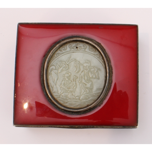 102 - A 19th century white metal and red enamelled box (probably French (the head of Minerva to the unders... 