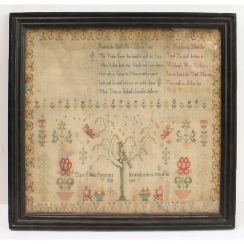 124 - A late 18th century George III period needlework sampler: the upper section with three stanzas of ve... 