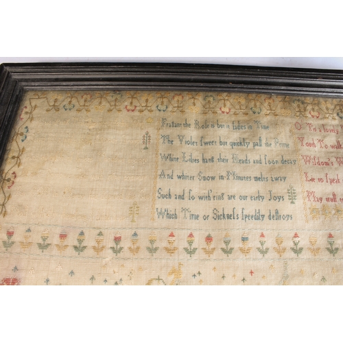 124 - A late 18th century George III period needlework sampler: the upper section with three stanzas of ve... 