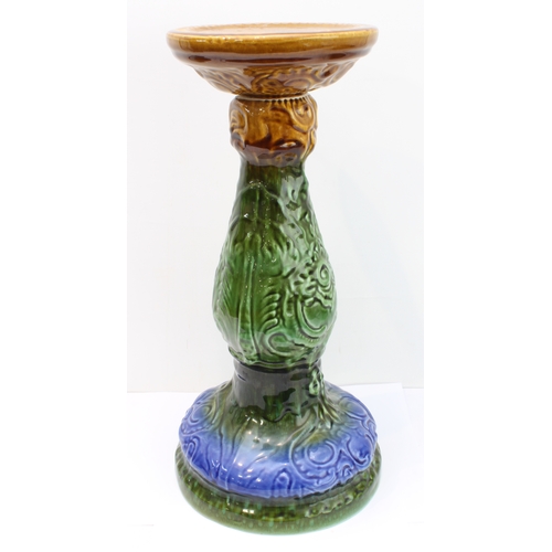 15 - A 19th century style majolica jardinière on stand with leaf moulded decoration (78.5 cm high)