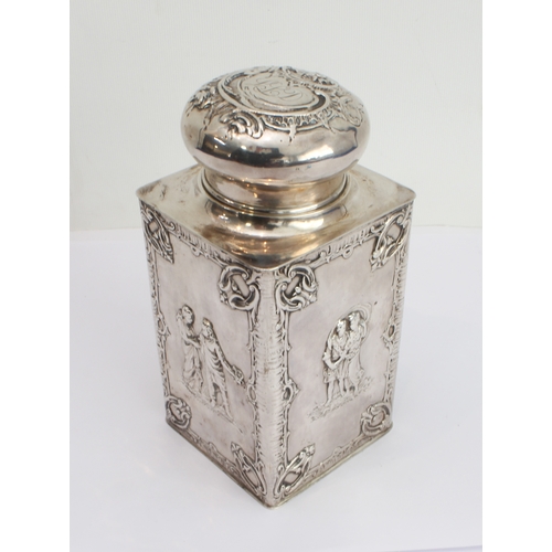 159 - A late 19th century Dutch silver tea caddy: the circular push-on lid engraved with monogram within a... 