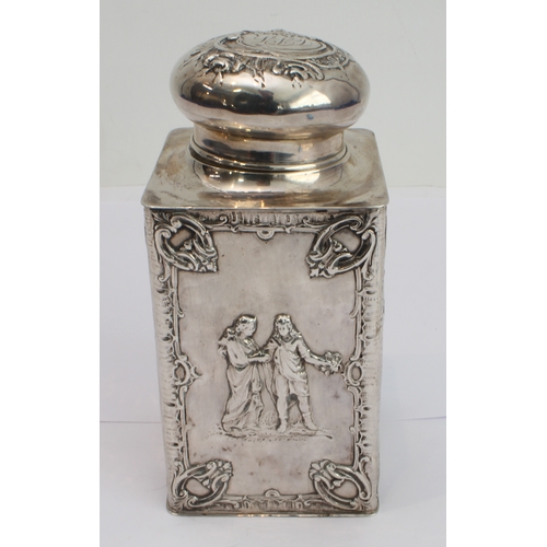 159 - A late 19th century Dutch silver tea caddy: the circular push-on lid engraved with monogram within a... 