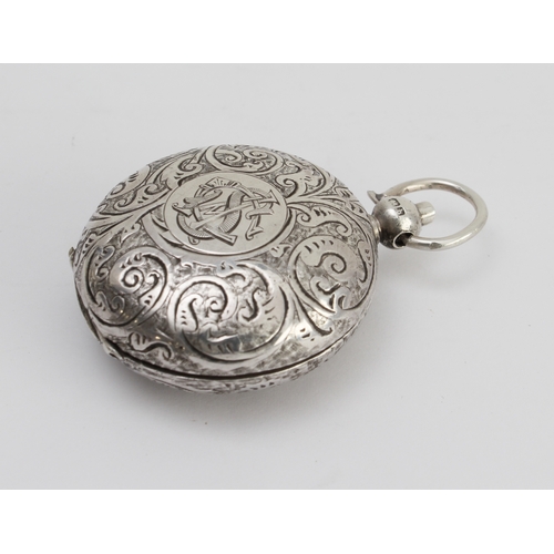 165 - A circular hallmarked silver sovereign-holder with hinged sprung lid: the front engraved with monogr... 