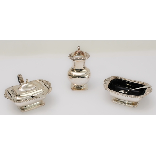 173 - A modern three-piece heavy hallmarked silver cruet set in early 19th century style: lidded mustard a... 