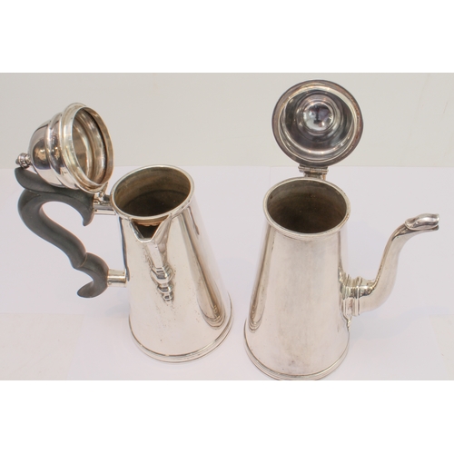 183 - A heavy grade hallmarked silver chocolate pot and matching hot-water pot 18th century style. Each wi... 