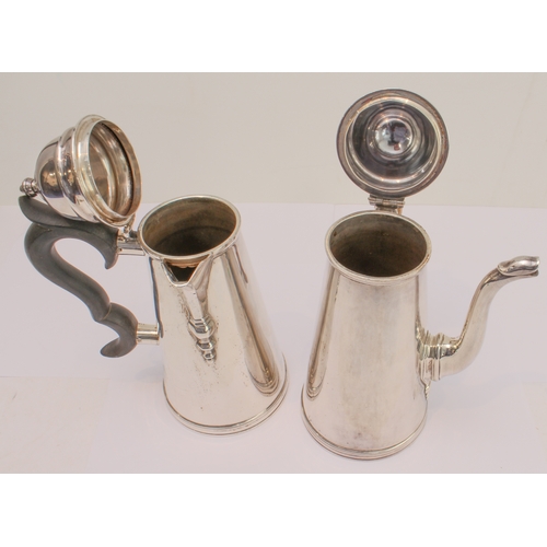 183 - A heavy grade hallmarked silver chocolate pot and matching hot-water pot 18th century style. Each wi... 