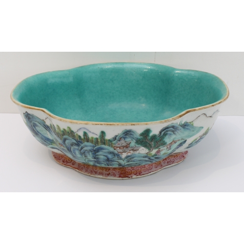 34 - A 20th century Chinese porcelain bowl of quatrefoil form: matt duck-egg blue glazed interior; the ex... 