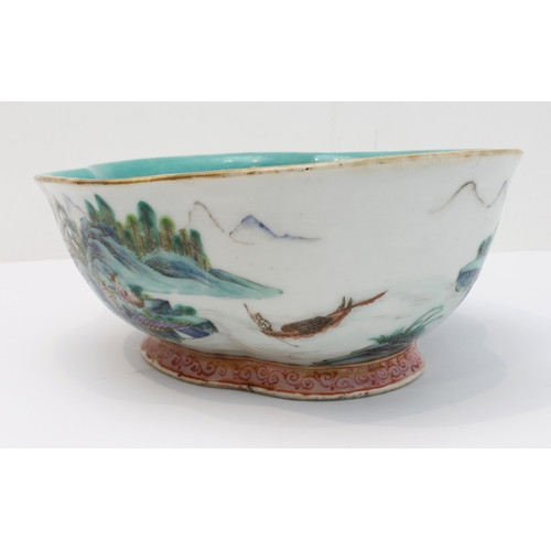 34 - A 20th century Chinese porcelain bowl of quatrefoil form: matt duck-egg blue glazed interior; the ex... 