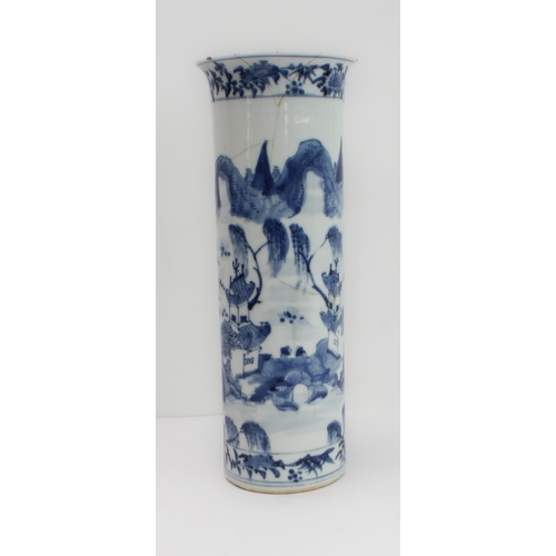 41 - A 19th century Chinese porcelain sleeve vase: slightly everted neck, decorated in underglaze blue wi... 