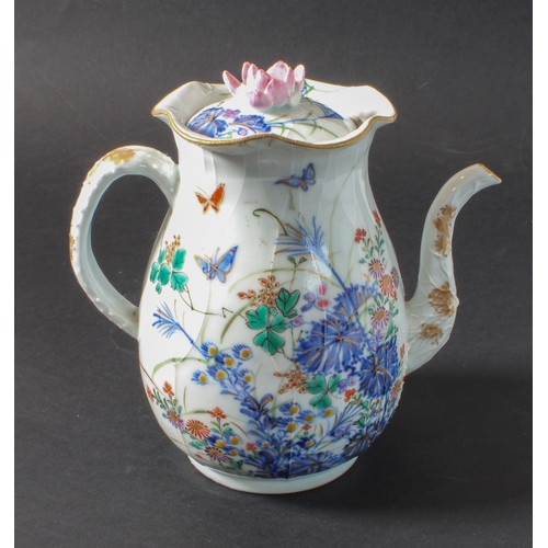 42 - A 19th century Japanese porcelain coffee pot and cover: hand-decorated in the Kakiemon palette, the ... 