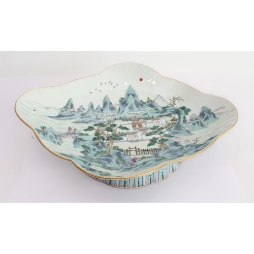 44 - A 19th century Chinese lozenge-shaped porcelain pedestal dish. The interior delicately decorated in ... 