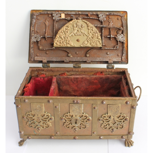 79 - A brass-mounted copper tabletop Armada chest in 17th century German style and of typical strongbox f... 