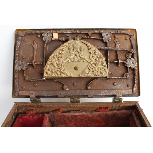 79 - A brass-mounted copper tabletop Armada chest in 17th century German style and of typical strongbox f... 