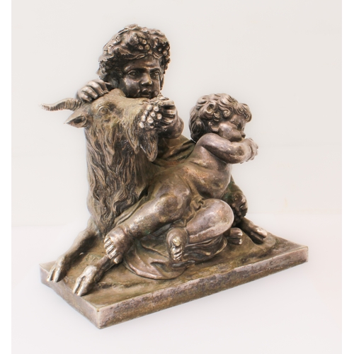 84 - A silvered bronze Bacchanalian figural group: 20th century, depicting two Bacchanalian putti with a ... 